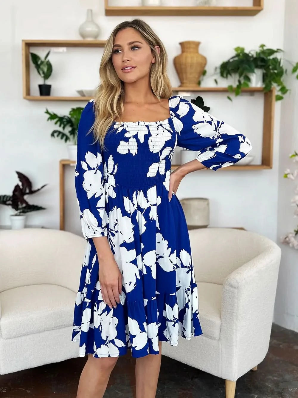 Double Take Full Size Floral Ruffle Hem Smocked Dress with Pockets - ShalayeFashion