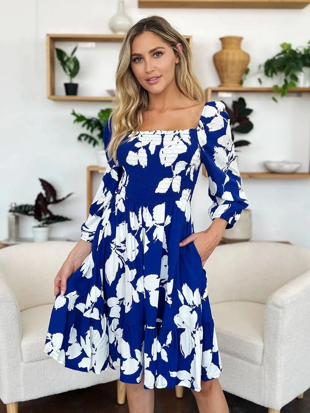 Double Take Full Size Floral Ruffle Hem Smocked Dress with Pockets - ShalayeFashion