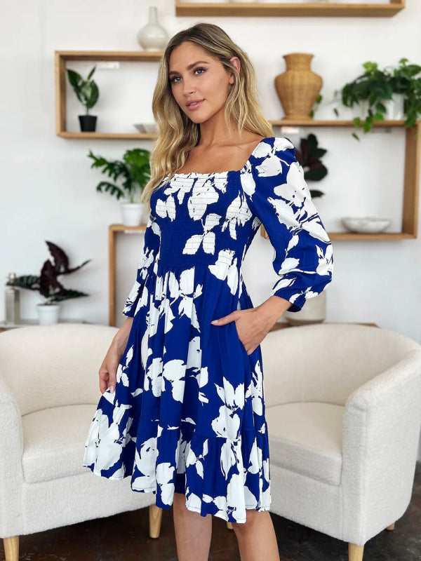 Double Take Full Size Floral Ruffle Hem Smocked Dress with Pockets - ShalayeFashion