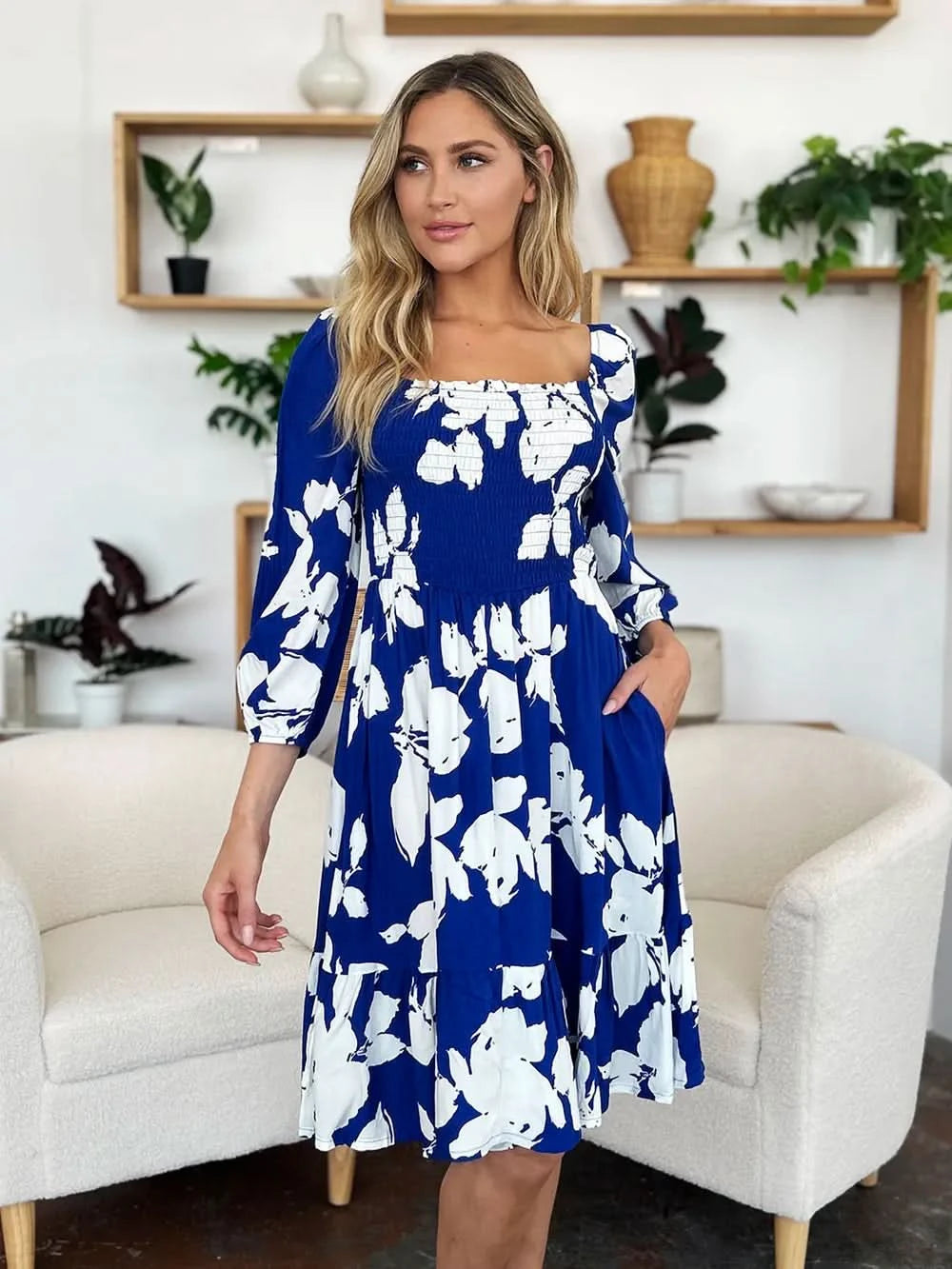 Double Take Full Size Floral Ruffle Hem Smocked Dress with Pockets - ShalayeFashion