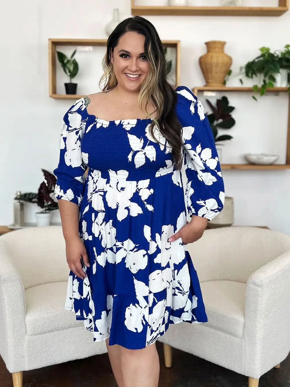 Double Take Full Size Floral Ruffle Hem Smocked Dress with Pockets - ShalayeFashion
