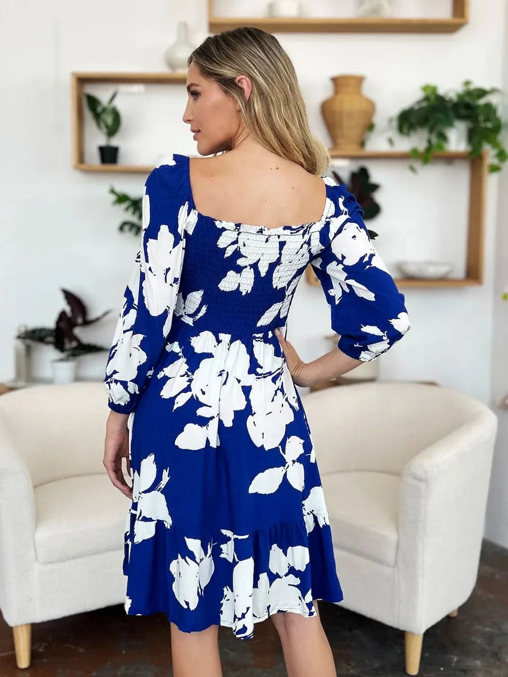 Double Take Full Size Floral Ruffle Hem Smocked Dress with Pockets - ShalayeFashion