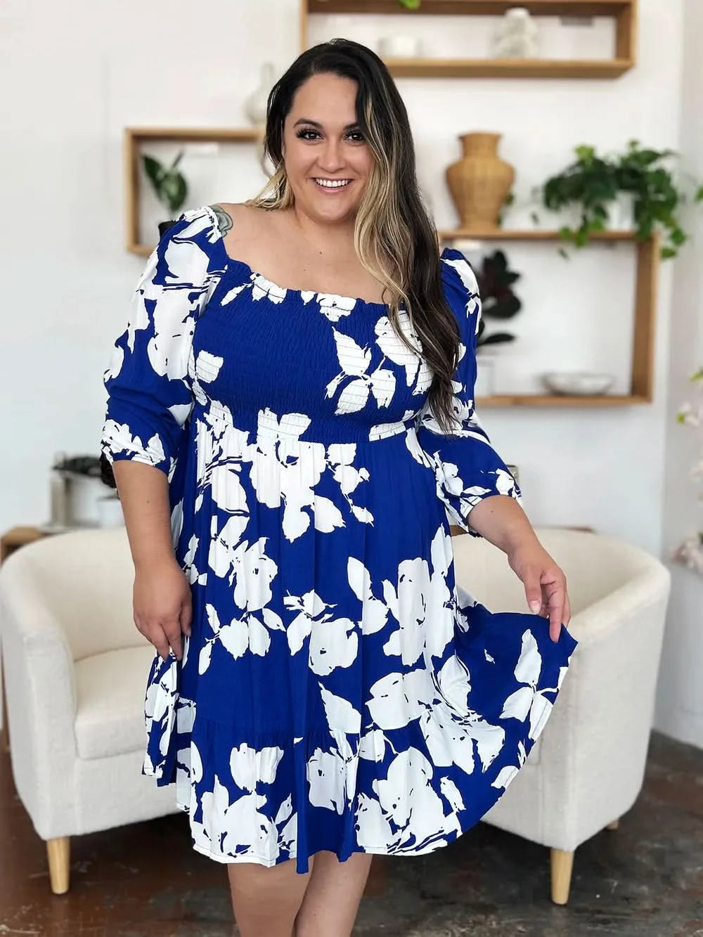Double Take Full Size Floral Ruffle Hem Smocked Dress with Pockets - ShalayeFashion