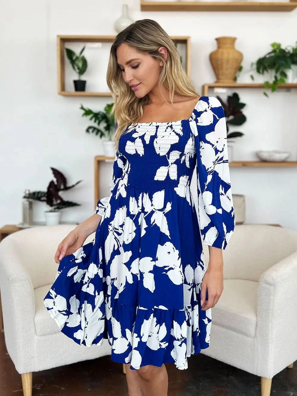 Double Take Full Size Floral Ruffle Hem Smocked Dress with Pockets - ShalayeFashion