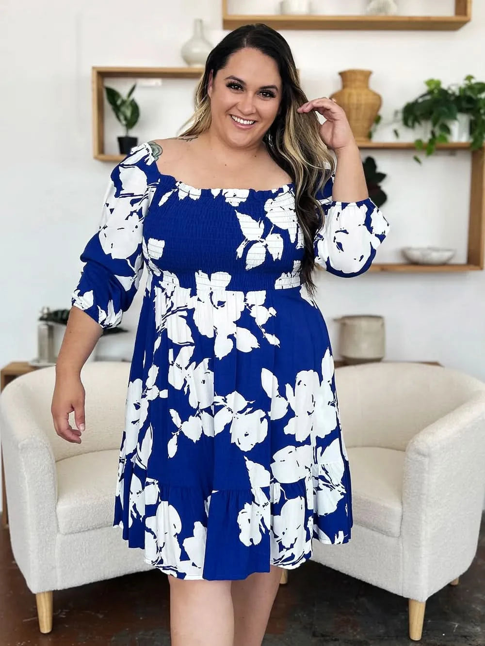 Double Take Full Size Floral Ruffle Hem Smocked Dress with Pockets - ShalayeFashion