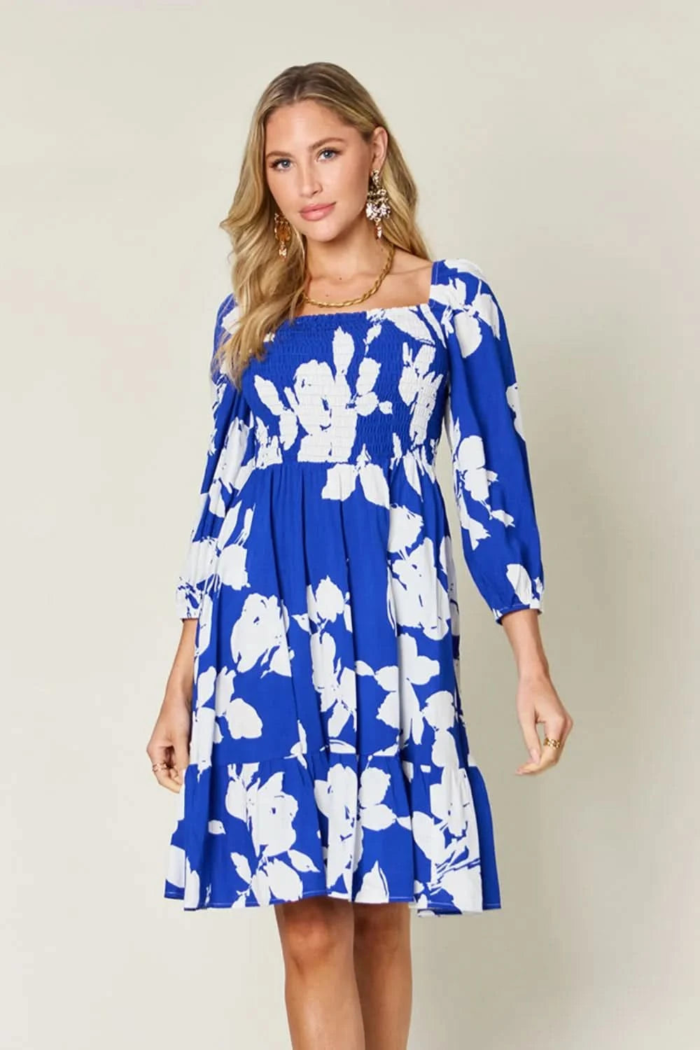 Double Take Full Size Floral Ruffle Hem Smocked Dress with Pockets - ShalayeFashion