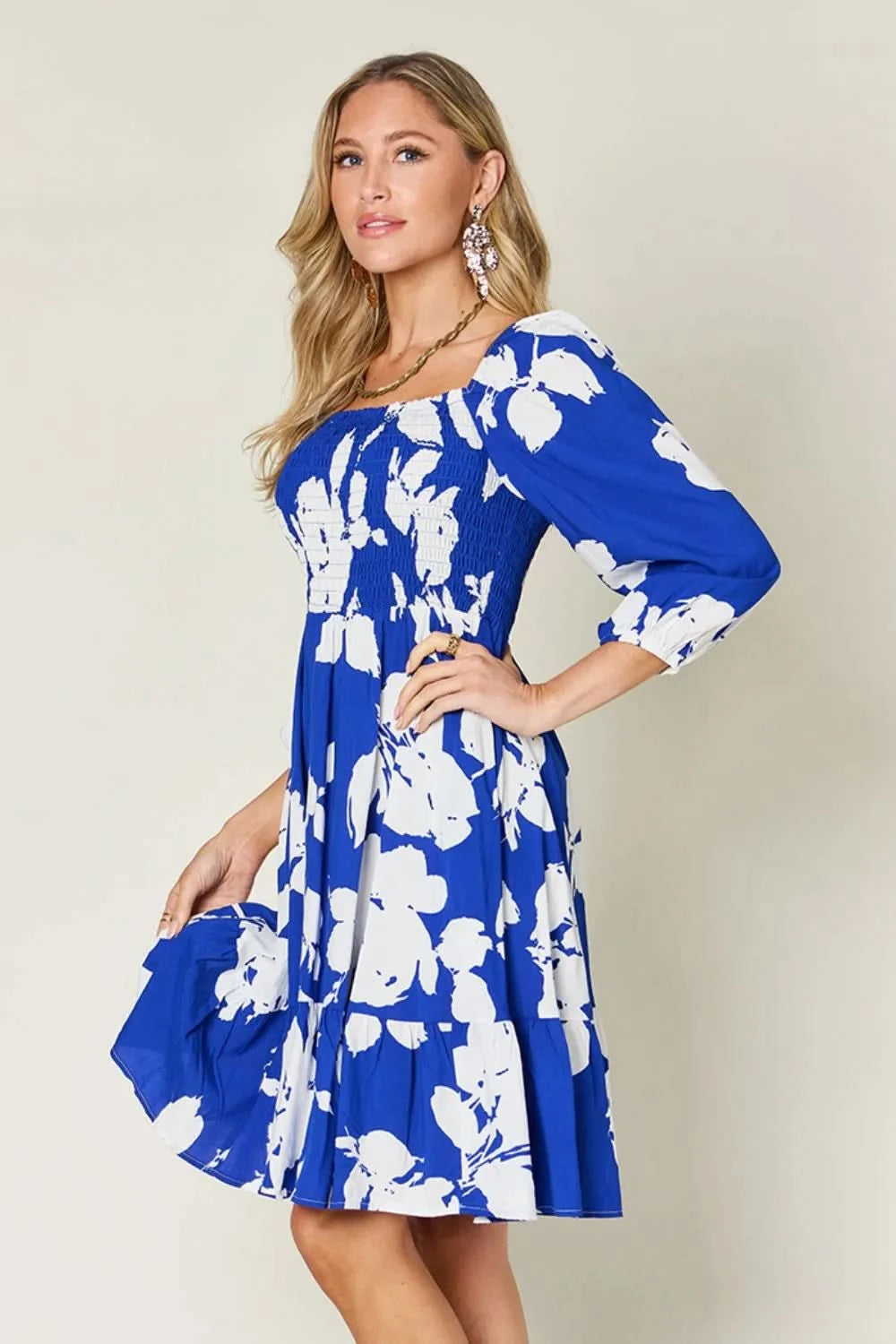 Double Take Full Size Floral Ruffle Hem Smocked Dress with Pockets - ShalayeFashion