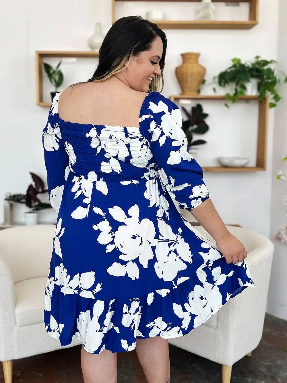 Double Take Full Size Floral Ruffle Hem Smocked Dress with Pockets - ShalayeFashion