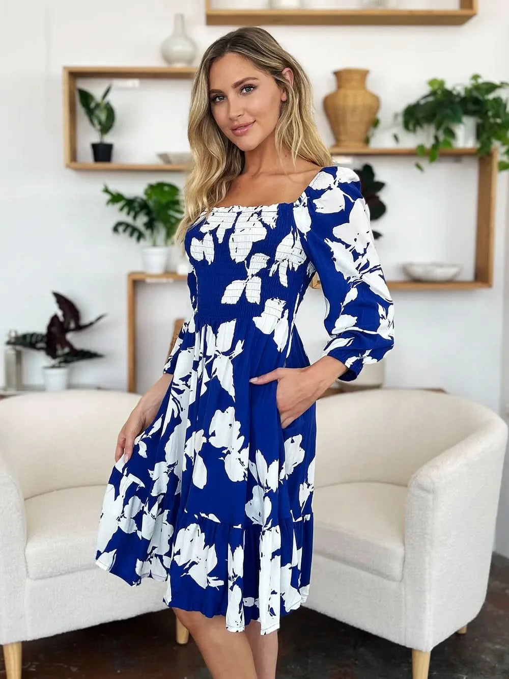 Double Take Full Size Floral Ruffle Hem Smocked Dress with Pockets - ShalayeFashion