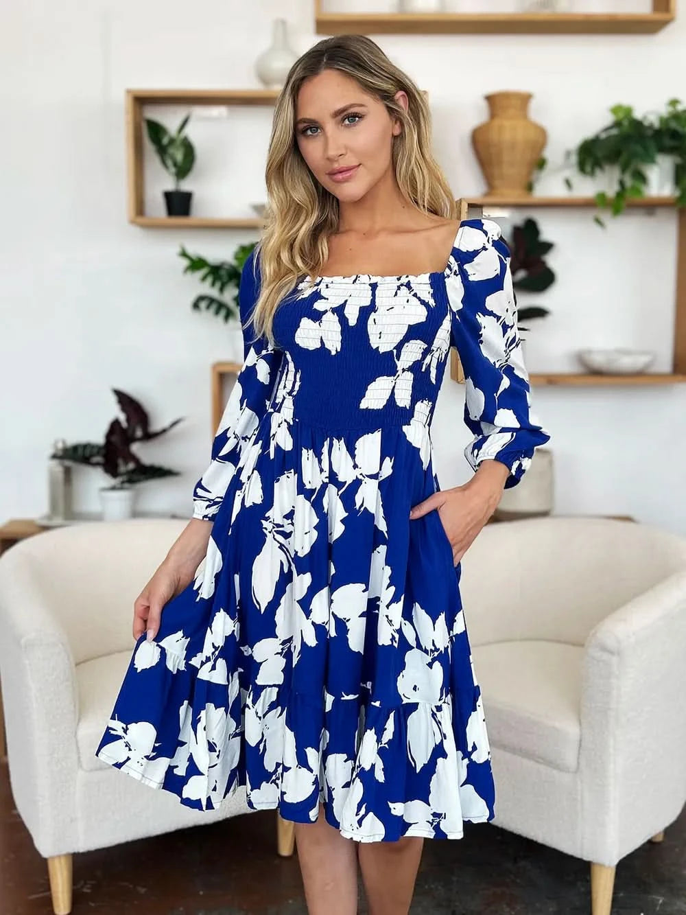 Double Take Full Size Floral Ruffle Hem Smocked Dress with Pockets - ShalayeFashion