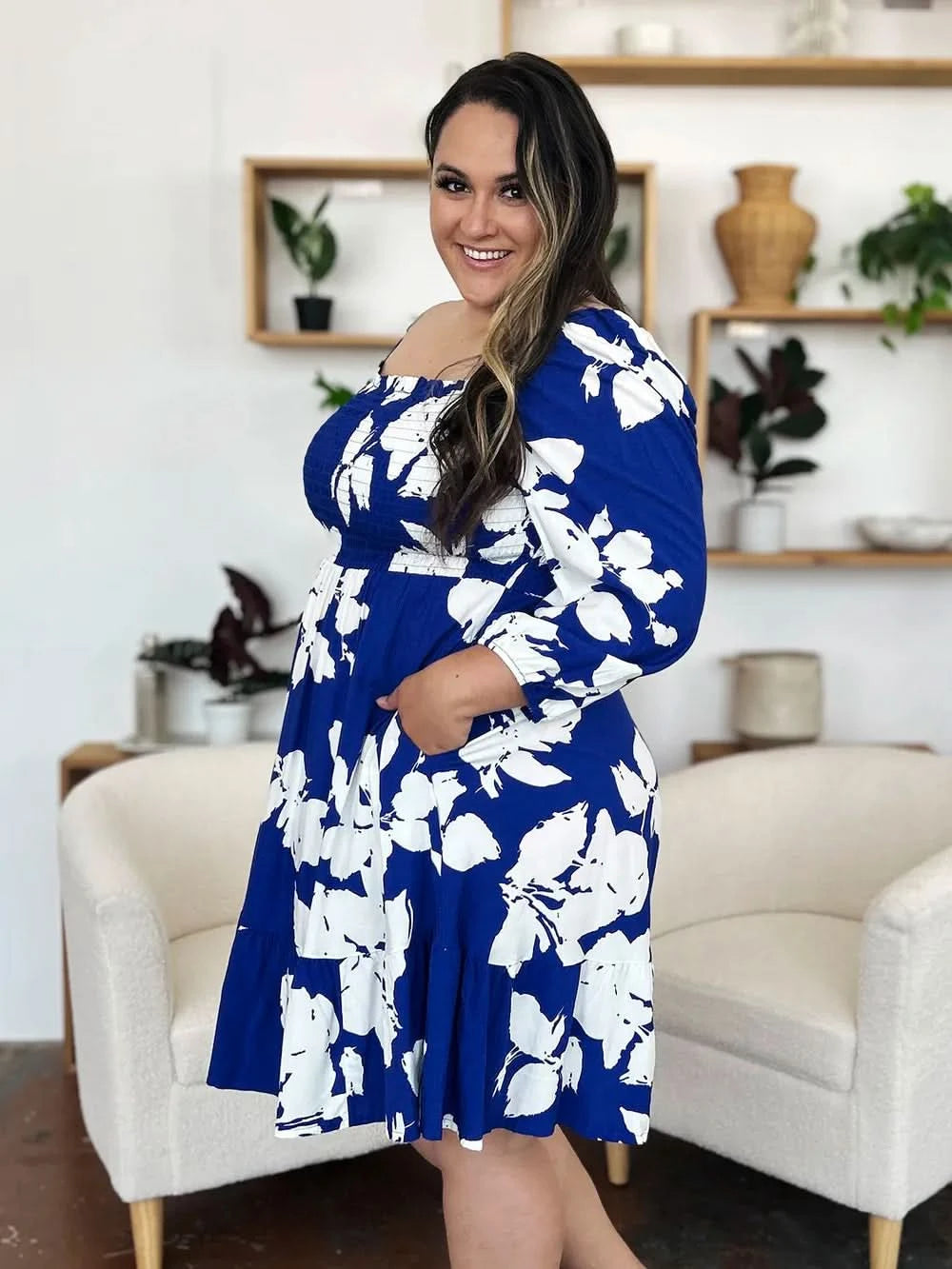 Double Take Full Size Floral Ruffle Hem Smocked Dress with Pockets - ShalayeFashion