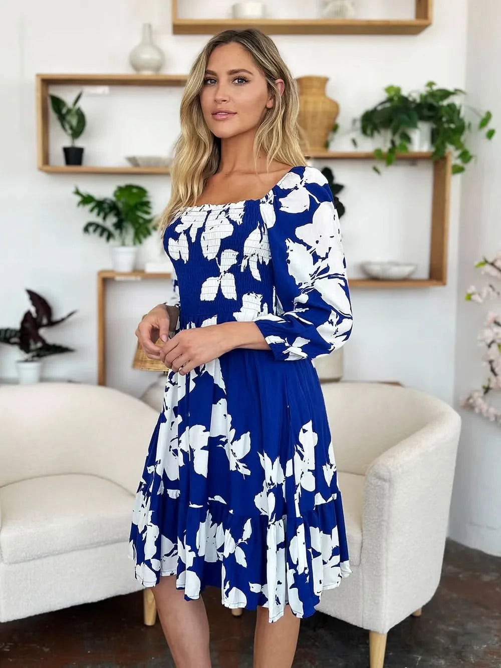 Double Take Full Size Floral Ruffle Hem Smocked Dress with Pockets - ShalayeFashion