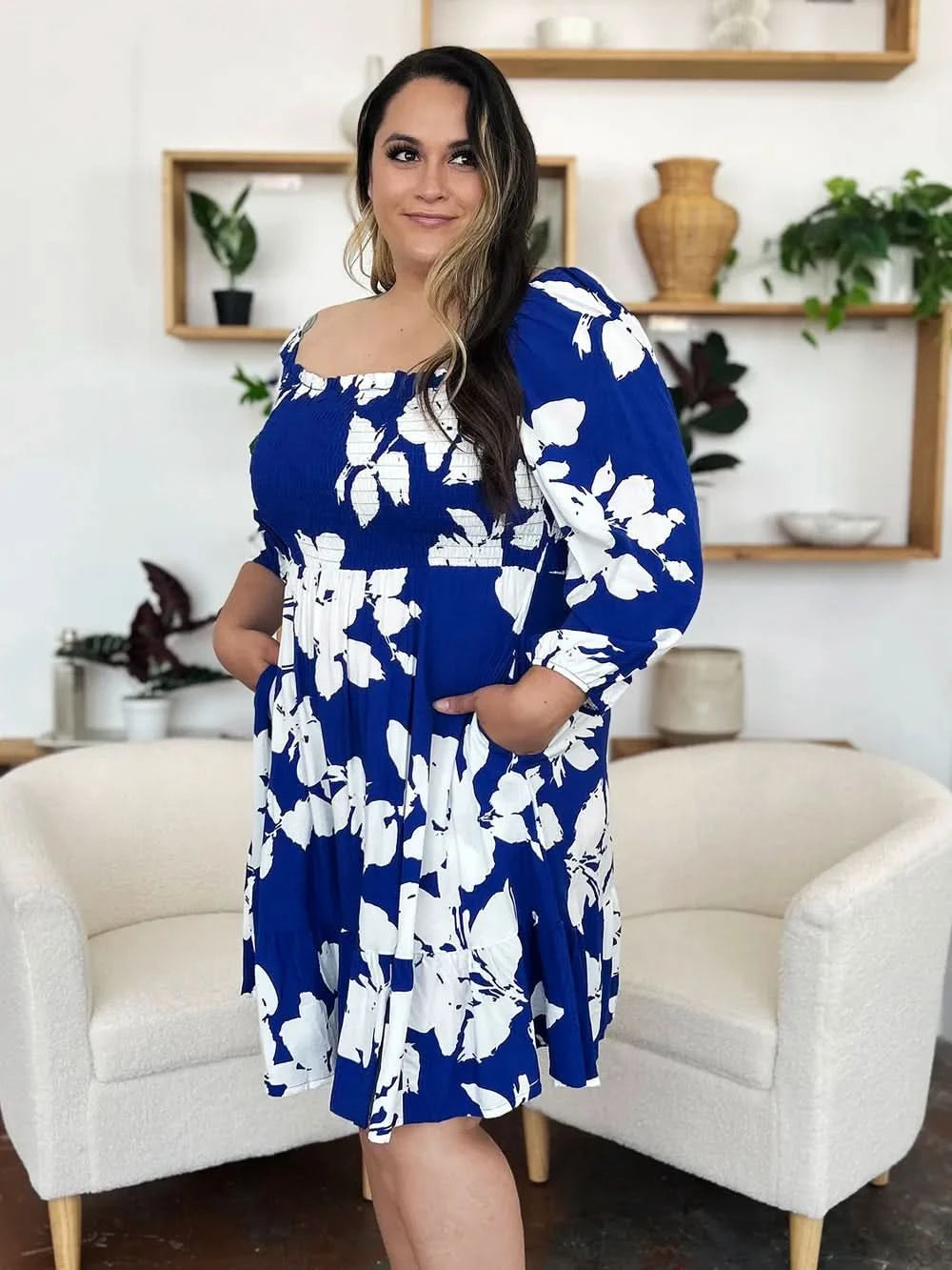 Double Take Full Size Floral Ruffle Hem Smocked Dress with Pockets - ShalayeFashion