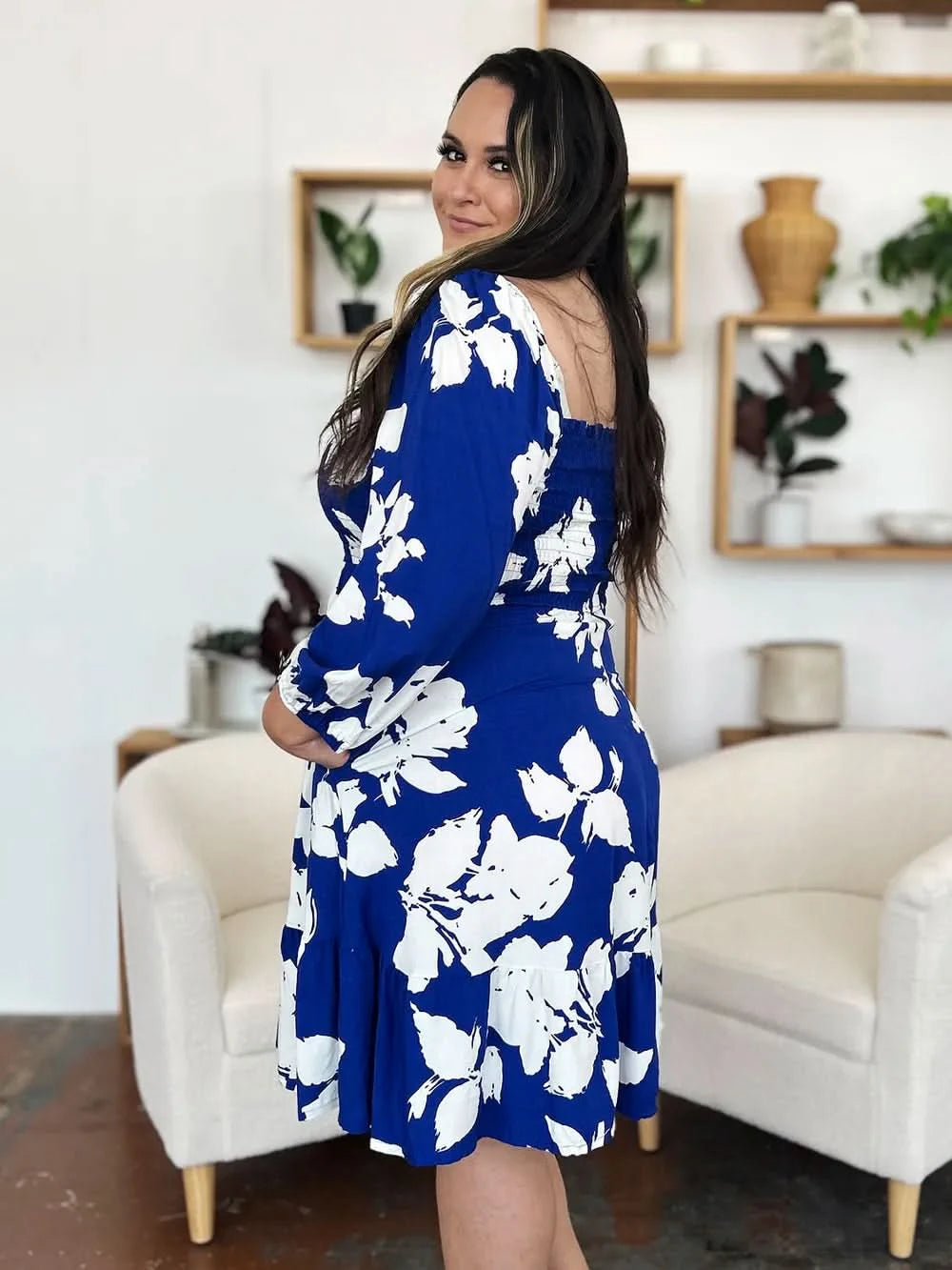 Double Take Full Size Floral Ruffle Hem Smocked Dress with Pockets - ShalayeFashion