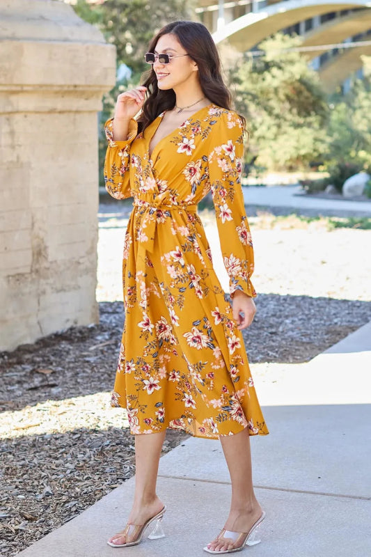 Double Take Full Size Floral Tie Back Flounce Sleeve Dress - ShalayeFashion