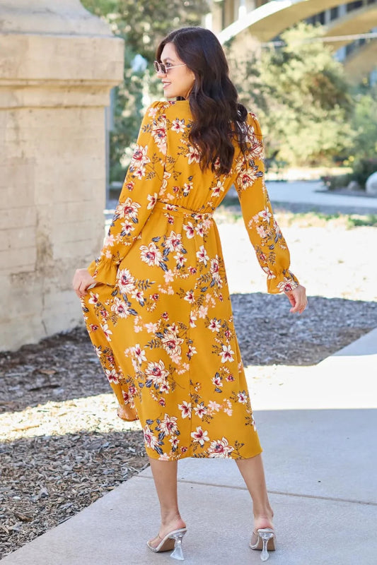 Double Take Full Size Floral Tie Back Flounce Sleeve Dress - ShalayeFashion
