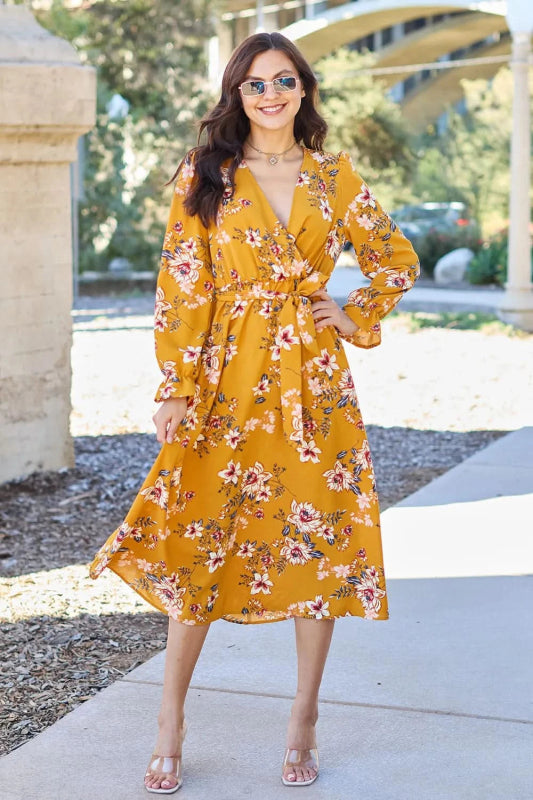 Double Take Full Size Floral Tie Back Flounce Sleeve Dress - ShalayeFashion