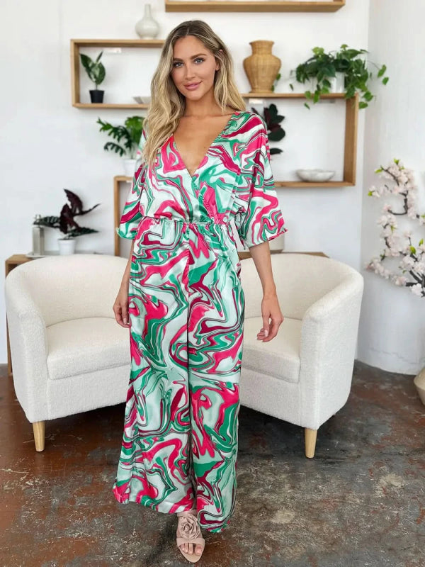 Double Take Full Size Half Sleeve Wide Leg Jumpsuit - ShalayeFashion