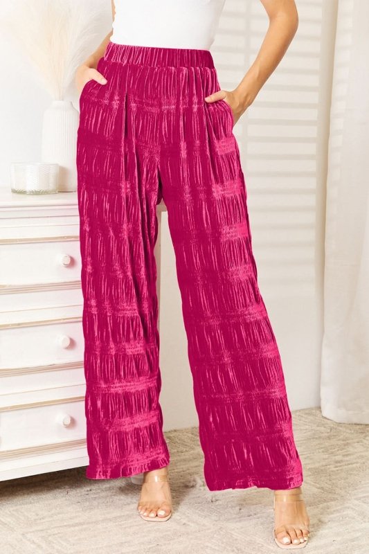 Double Take Full Size High Waist Tiered Shirring Velvet Wide Leg Pants - ShalayeFashion