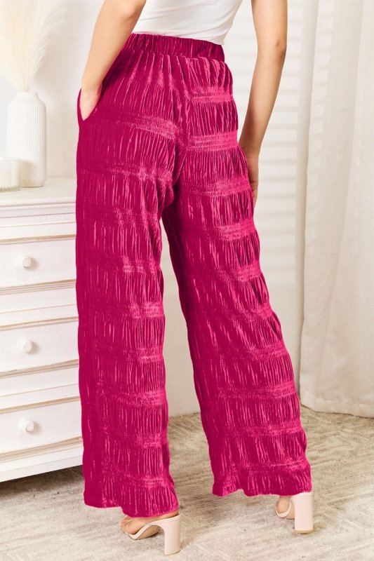 Double Take Full Size High Waist Tiered Shirring Velvet Wide Leg Pants - ShalayeFashion