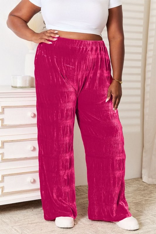 Double Take Full Size High Waist Tiered Shirring Velvet Wide Leg Pants - ShalayeFashion