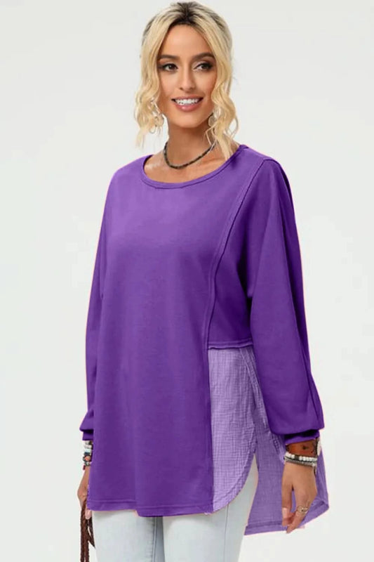 Double Take Full Size Long Sleeve High - Low T-Shirt - ShalayeFashion