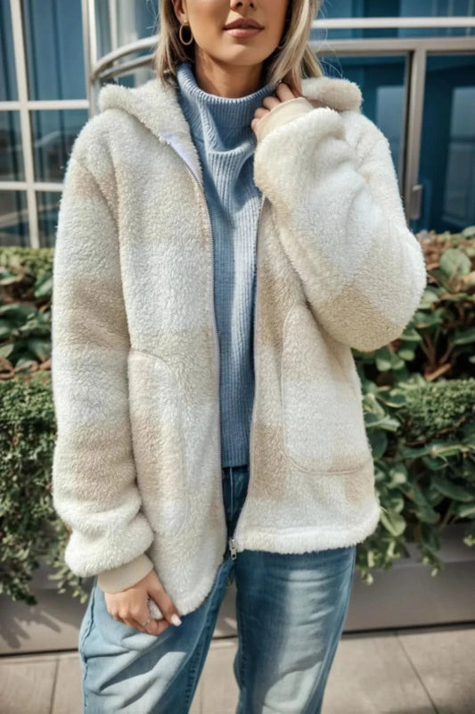 Double Take Full Size Plaid Long Sleeve Hooded Coat - ShalayeFashion