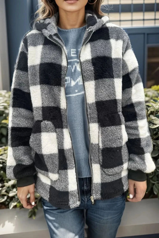 Double Take Full Size Plaid Long Sleeve Hooded Coat - ShalayeFashion