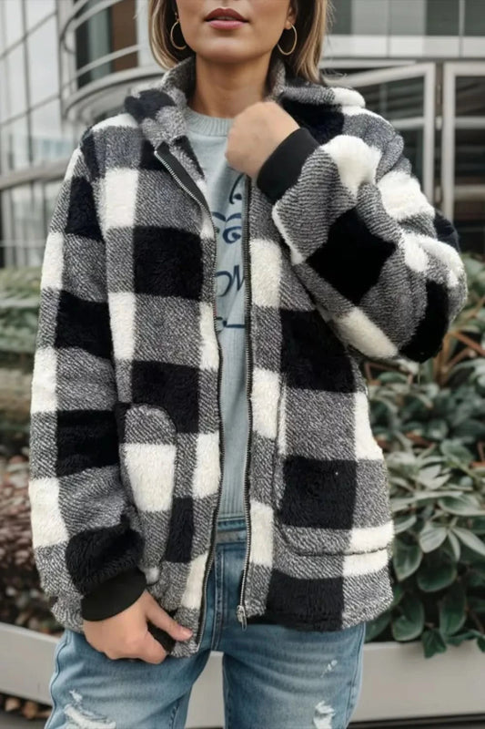 Double Take Full Size Plaid Long Sleeve Hooded Coat - ShalayeFashion