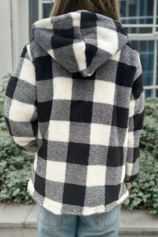 Double Take Full Size Plaid Long Sleeve Hooded Coat - ShalayeFashion