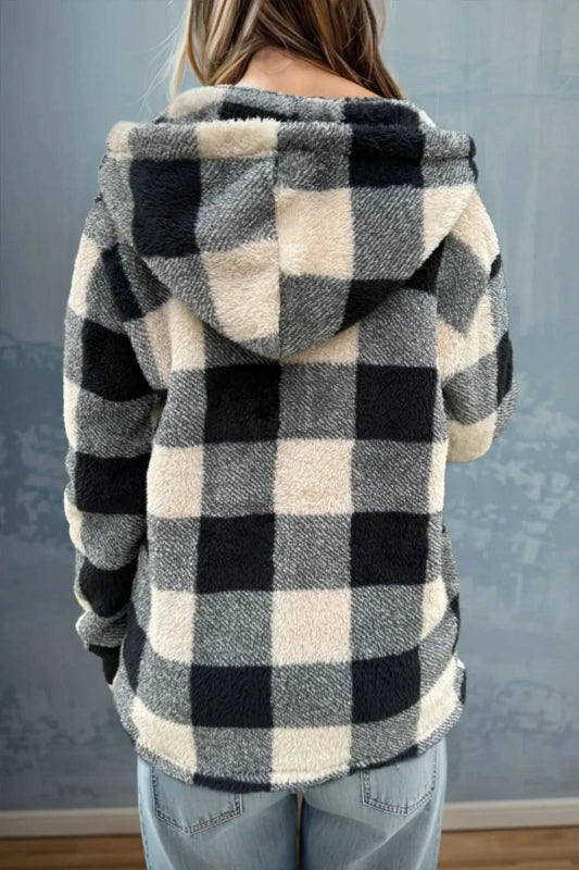 Double Take Full Size Plaid Long Sleeve Hooded Coat - ShalayeFashion