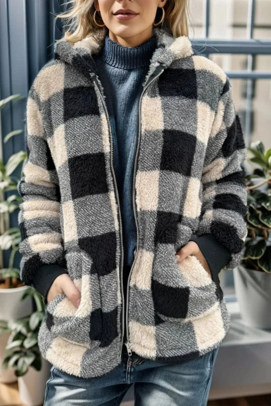 Double Take Full Size Plaid Long Sleeve Hooded Coat - ShalayeFashion