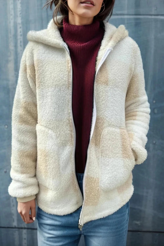 Double Take Full Size Plaid Long Sleeve Hooded Coat - ShalayeFashion
