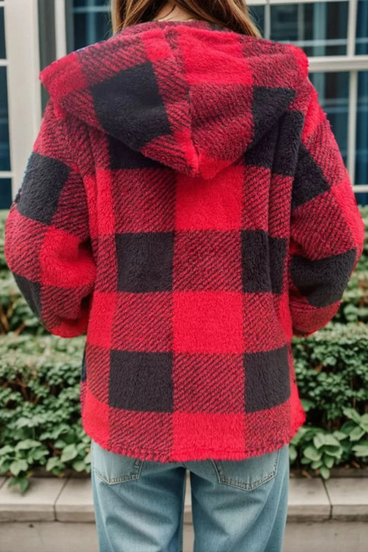 Double Take Full Size Plaid Long Sleeve Hooded Coat - ShalayeFashion