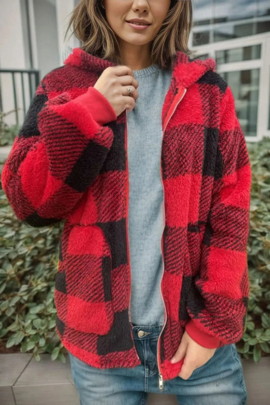 Double Take Full Size Plaid Long Sleeve Hooded Coat - ShalayeFashion