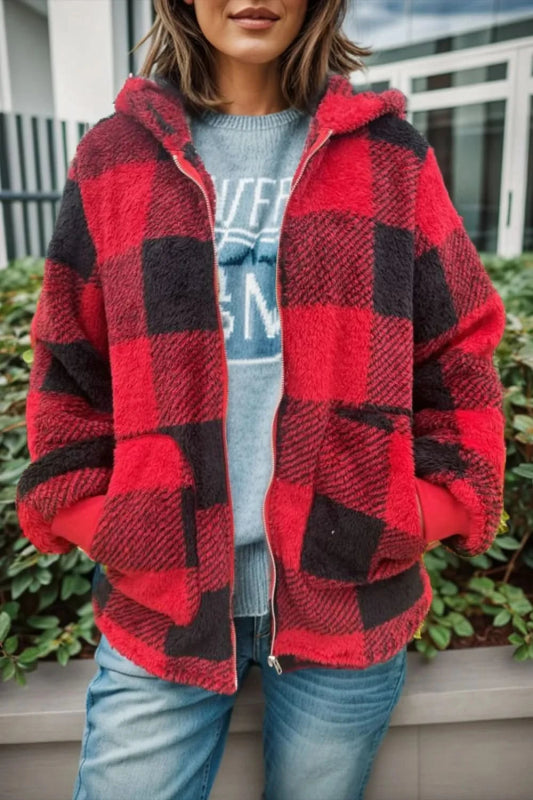 Double Take Full Size Plaid Long Sleeve Hooded Coat - ShalayeFashion
