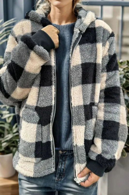Double Take Full Size Plaid Long Sleeve Hooded Coat - ShalayeFashion