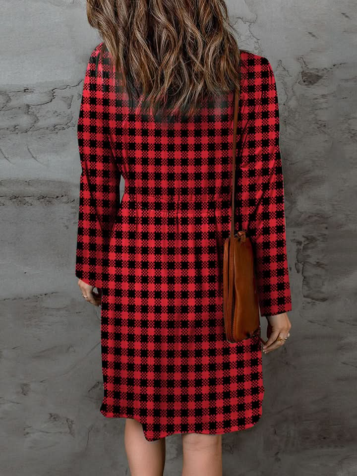 Double Take Full Size Plaid Round Neck Long Sleeve Magic Dress - ShalayeFashion