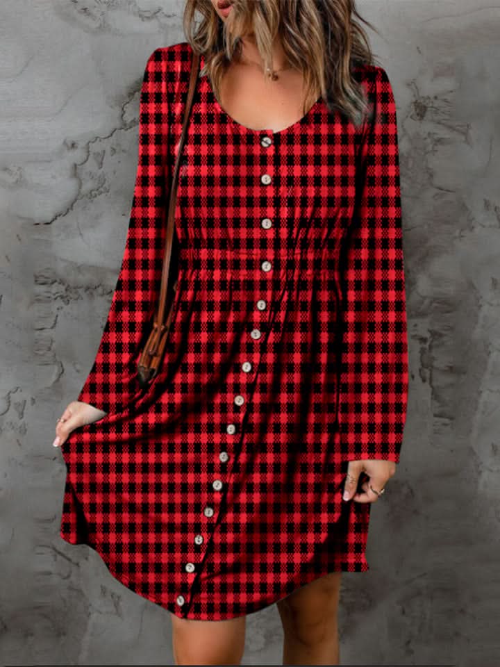Double Take Full Size Plaid Round Neck Long Sleeve Magic Dress - ShalayeFashion