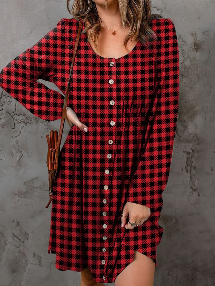 Double Take Full Size Plaid Round Neck Long Sleeve Magic Dress - ShalayeFashion