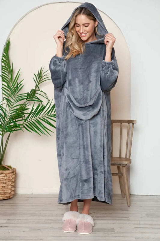 Double Take Full Size Pocketed Hooded Midi Lounge Dress - ShalayeFashion