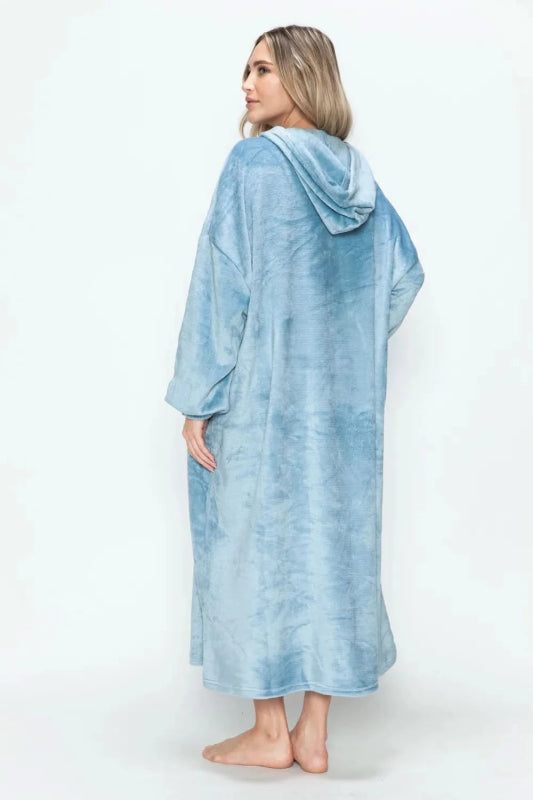 Double Take Full Size Pocketed Hooded Midi Lounge Dress - ShalayeFashion