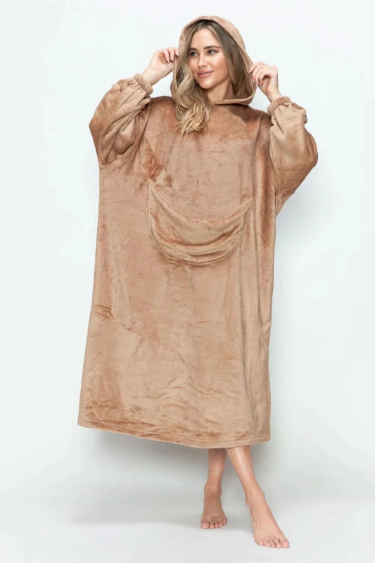 Double Take Full Size Pocketed Hooded Midi Lounge Dress - ShalayeFashion