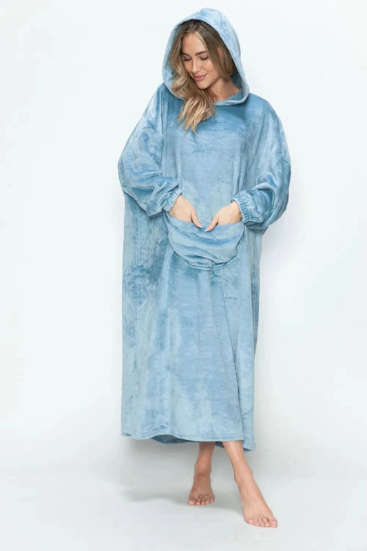 Double Take Full Size Pocketed Hooded Midi Lounge Dress - ShalayeFashion
