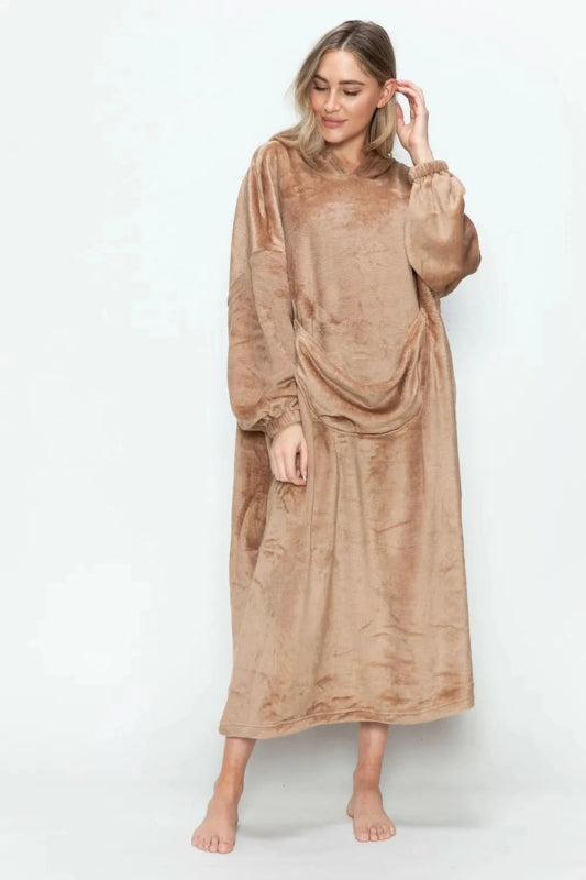 Double Take Full Size Pocketed Hooded Midi Lounge Dress - ShalayeFashion
