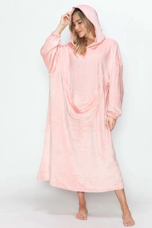 Double Take Full Size Pocketed Hooded Midi Lounge Dress - ShalayeFashion
