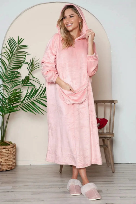Double Take Full Size Pocketed Hooded Midi Lounge Dress - ShalayeFashion