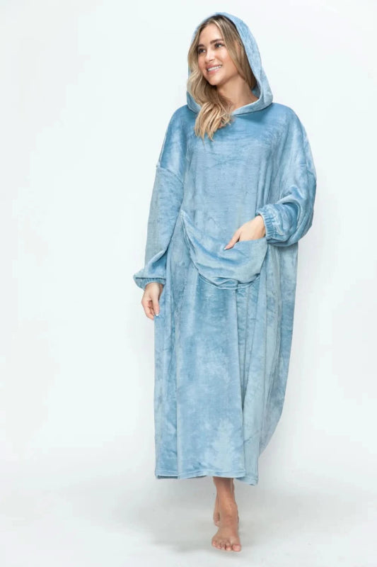 Double Take Full Size Pocketed Hooded Midi Lounge Dress - ShalayeFashion