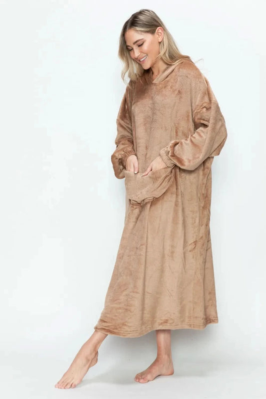 Double Take Full Size Pocketed Hooded Midi Lounge Dress - ShalayeFashion