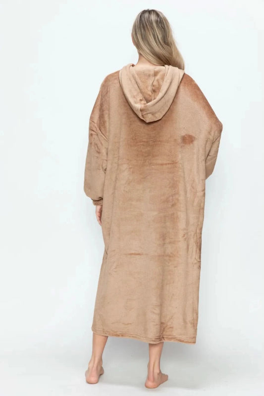 Double Take Full Size Pocketed Hooded Midi Lounge Dress - ShalayeFashion